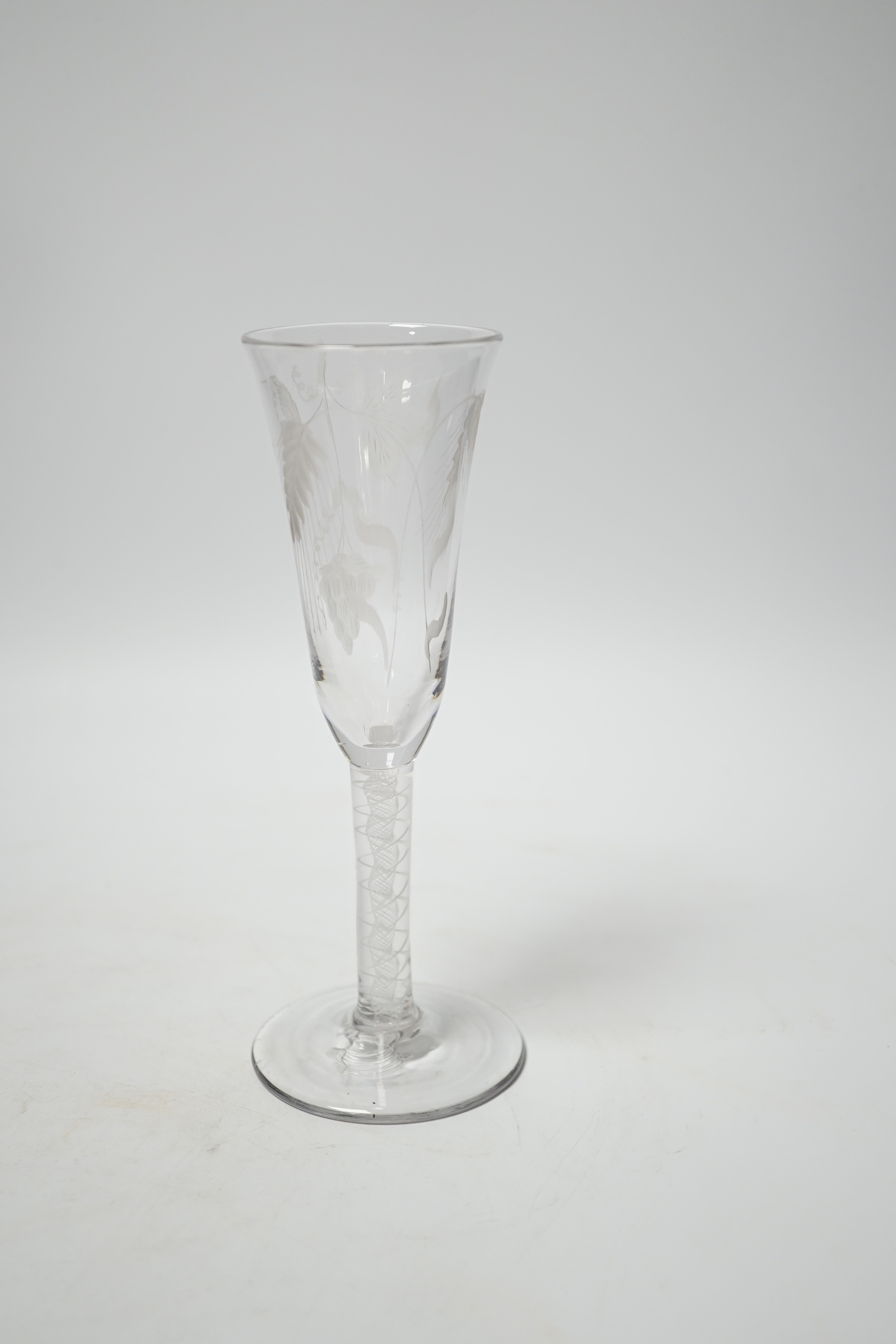 A George III hop and barley ale glass, with DSOT stem and engraved with hops and barley, 18cm